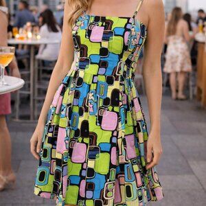 NINE WEST Strappy Fit & Flared Corset Style Dress in Fun Colourful Geo size 12